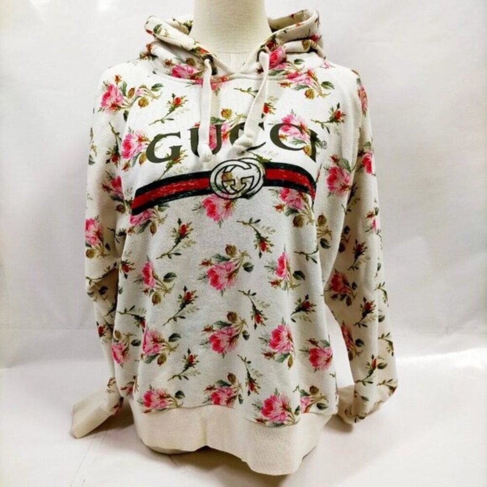 Authentic Gucci Floral Logo GG Web Stripe Cream Hoodie Sweatshirt LuxuryDesigner - Picture 1 of 8